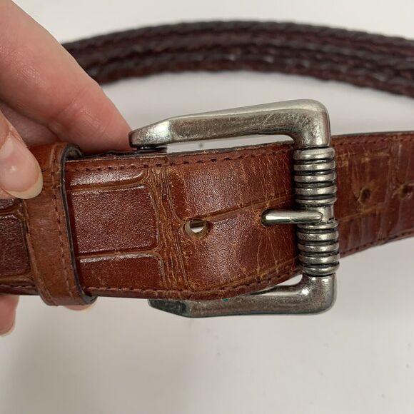 Brown Leather Size M Croc Embossed Braided Belt Silver Tone Heavy Buckle Concho - Picture 4 of 10